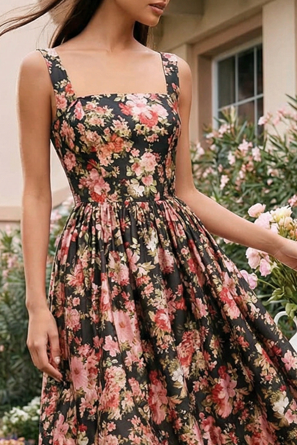 Square Neck Black Pink Flower A Line Floral Maxi Wedding Guest Dress