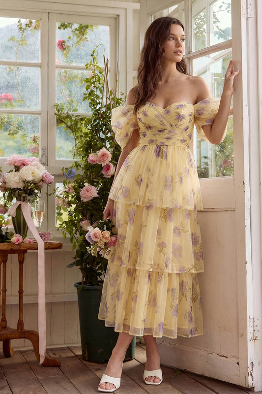 Yellow Flower A Line Tiered Maxi Wedding Guest Dress with Rufffles