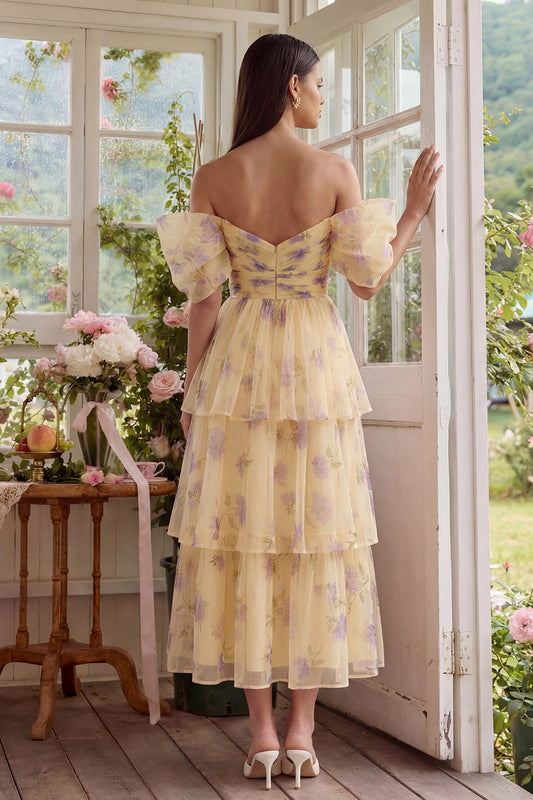 Yellow Flower A Line Tiered Maxi Wedding Guest Dress with Rufffles