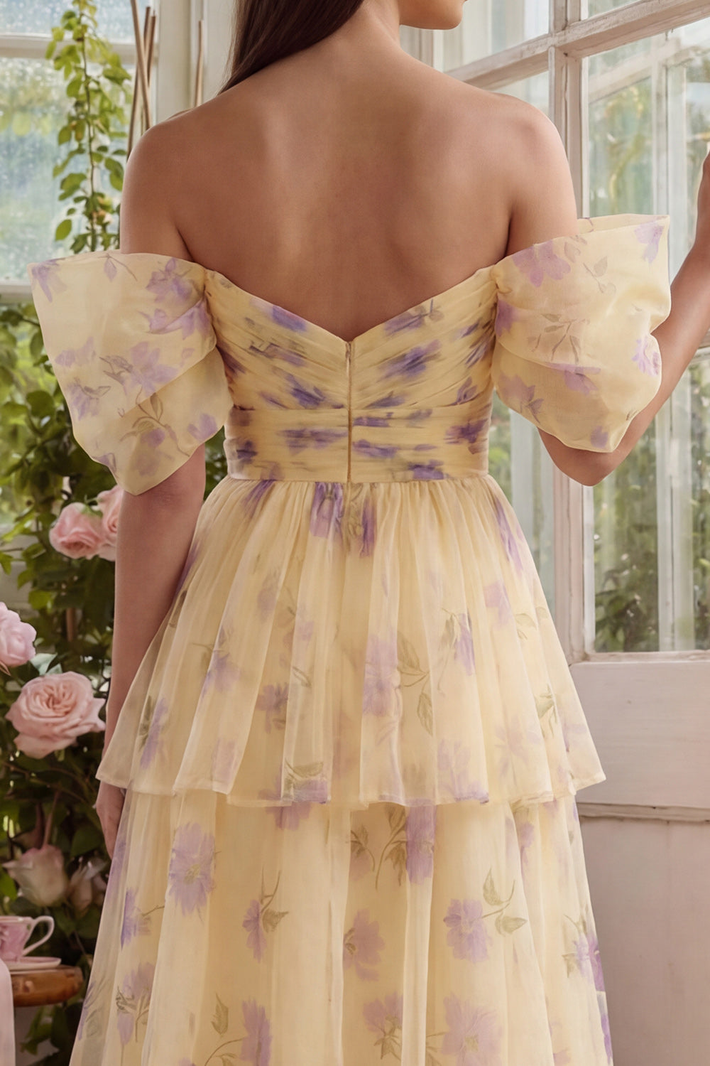 Yellow Flower A Line Tiered Maxi Wedding Guest Dress with Rufffles