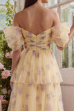 Yellow Flower A Line Tiered Maxi Wedding Guest Dress with Rufffles