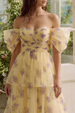 Yellow Flower A Line Tiered Maxi Wedding Guest Dress with Rufffles