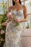Sweetheart Dusty Blue Jacquard Mermaid Maxi Wedding Guest Dress
