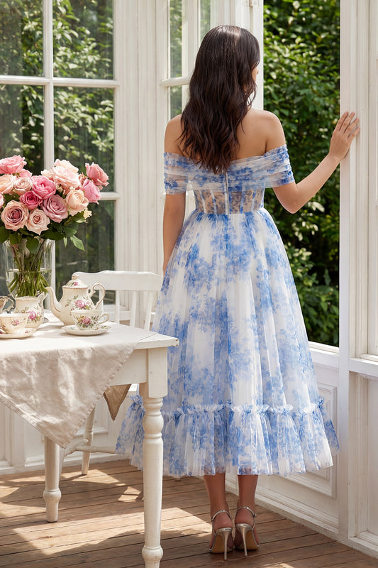 White Blue Flower Tulle A Line Corset Maxi Wedding Guest Dress