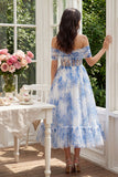 White Blue Flower Tulle A Line Corset Maxi Wedding Guest Dress
