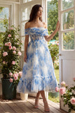 White Blue Flower Tulle A Line Corset Maxi Wedding Guest Dress