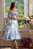 White Blue Flower Tulle A Line Corset Maxi Wedding Guest Dress