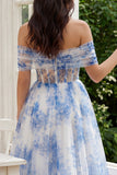 White Blue Flower Tulle A Line Corset Maxi Wedding Guest Dress