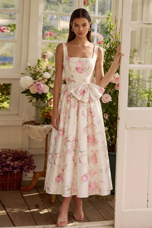 White Pink Square Neck Flower A Line Maxi Wedding Guest Dress with Bow