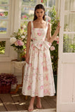 White Pink Square Neck Flower A Line Maxi Wedding Guest Dress with Bow
