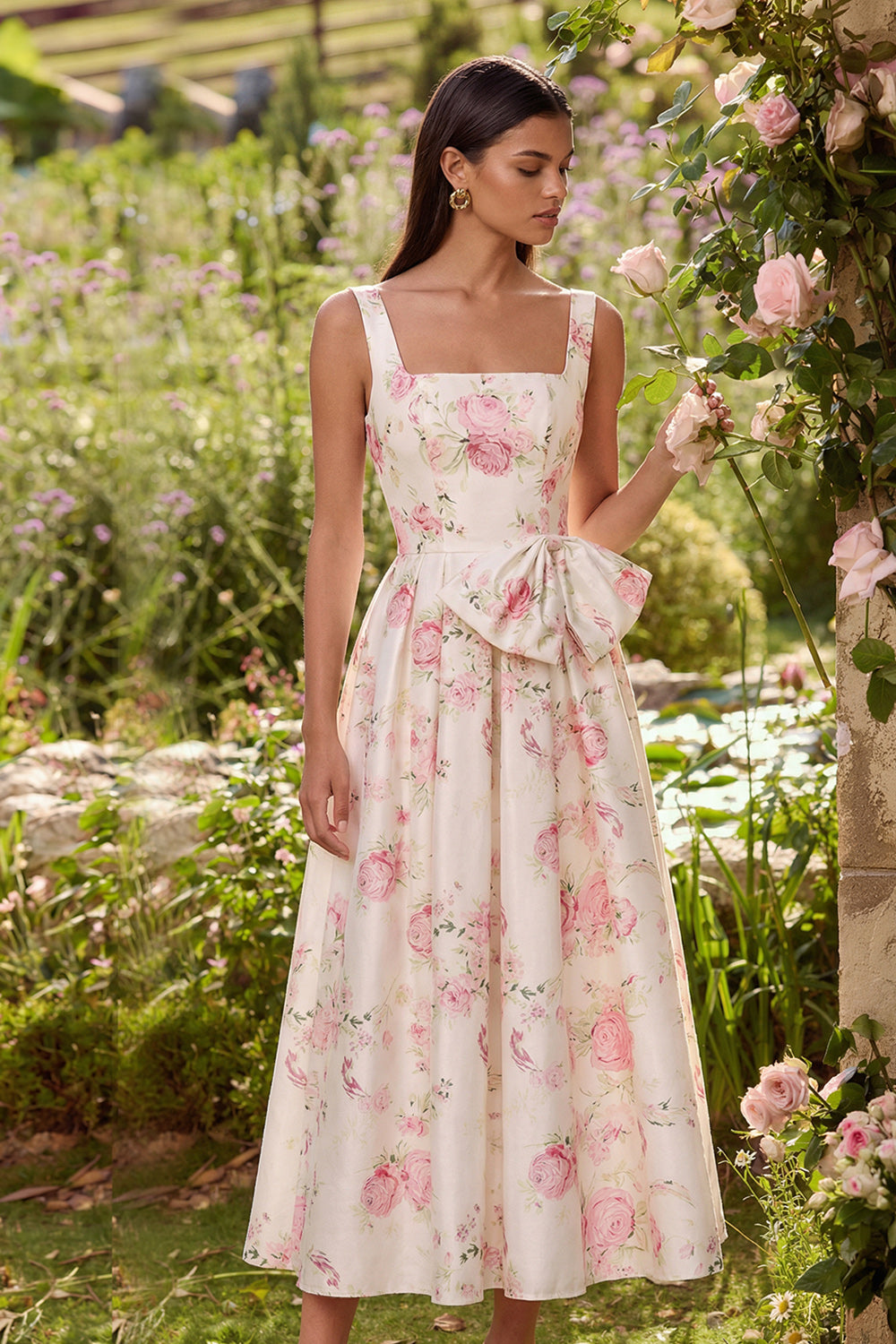 White Pink Square Neck Flower A Line Maxi Wedding Guest Dress with Bow