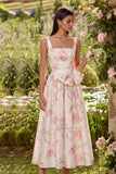 White Pink Square Neck Flower A Line Maxi Wedding Guest Dress with Bow