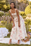 White Pink Square Neck Flower A Line Maxi Wedding Guest Dress with Bow