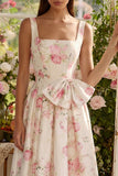 White Pink Square Neck Flower A Line Maxi Wedding Guest Dress with Bow