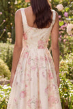 White Pink Square Neck Flower A Line Maxi Wedding Guest Dress with Bow