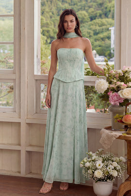 Corset Neck Scarf A Line Floral Basque Waist Long Wedding Guest Dress