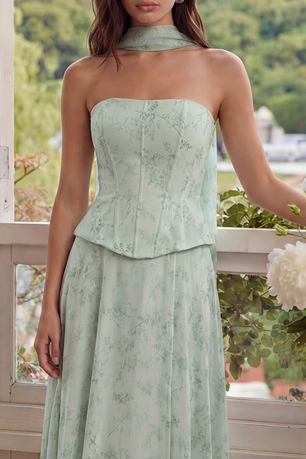Corset Neck Scarf A Line Floral Basque Waist Long Wedding Guest Dress