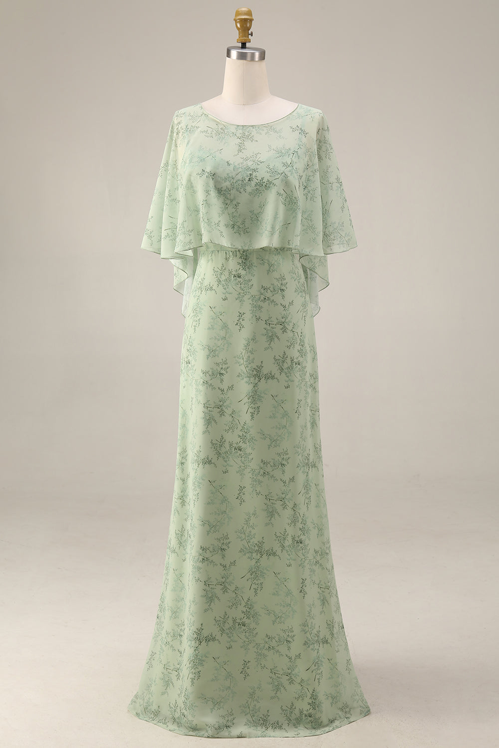 Dusty Sage Maxi A Line Floral Wedding Guest Dress with Cape