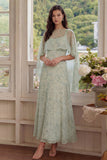 Dusty Sage Maxi A Line Floral Wedding Guest Dress with Cape