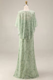 Dusty Sage Maxi A Line Floral Wedding Guest Dress with Cape