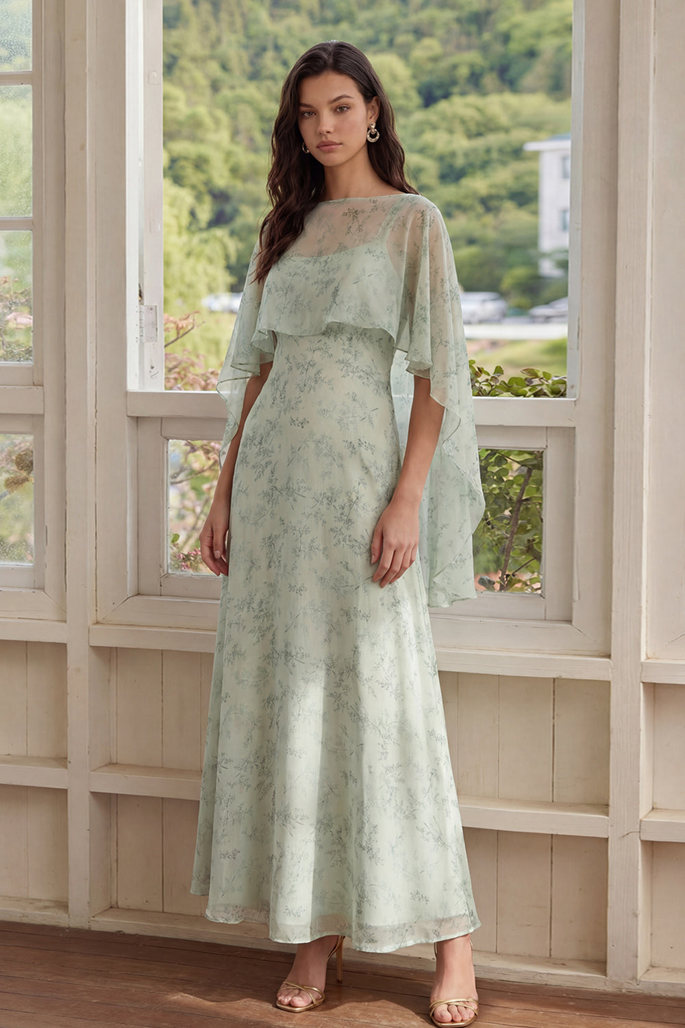 Dusty Sage Maxi A Line Floral Wedding Guest Dress with Cape