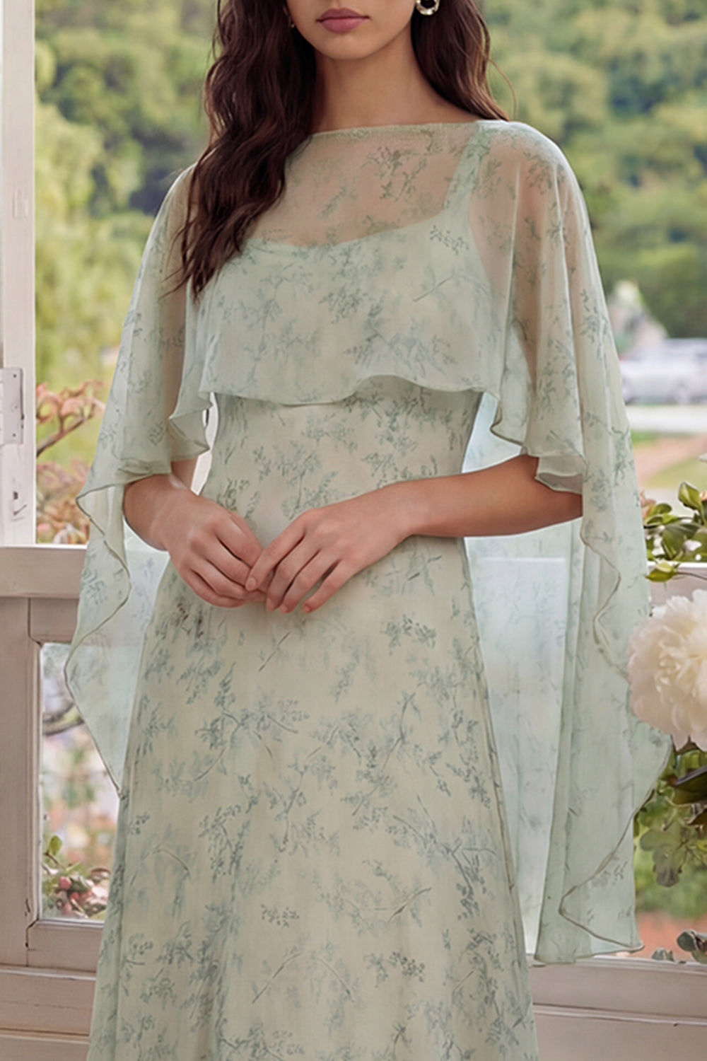 Dusty Sage Maxi A Line Floral Wedding Guest Dress with Cape