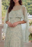 Dusty Sage Maxi A Line Floral Wedding Guest Dress with Cape