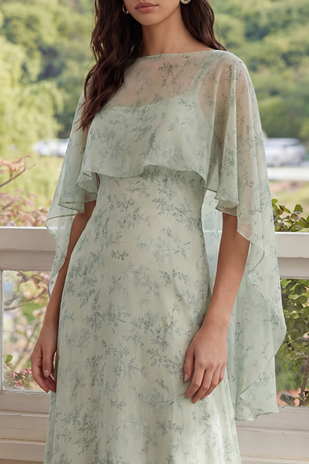 Dusty Sage Maxi A Line Floral Wedding Guest Dress with Cape