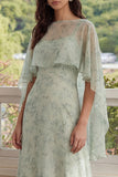 Dusty Sage Maxi A Line Floral Wedding Guest Dress with Cape