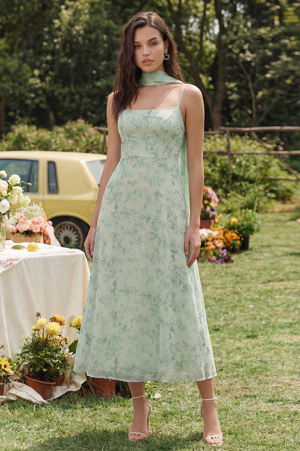 A Line Dusty Sage Neck Scarf Floral Maxi Wedding Guest Dress