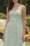 A Line Dusty Sage Neck Scarf Floral Maxi Wedding Guest Dress