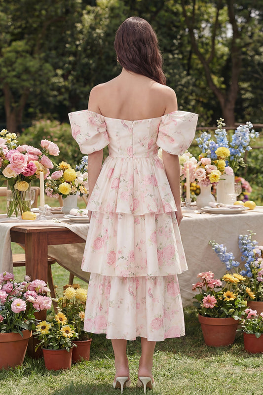 Ruffled White Pink Flower Off the Shoulder Midi Wedding Guest Dress