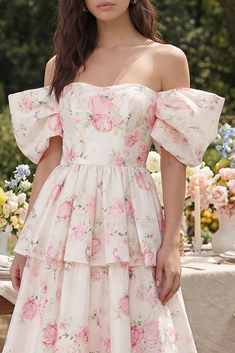 Ruffled White Pink Flower Off the Shoulder Midi Wedding Guest Dress
