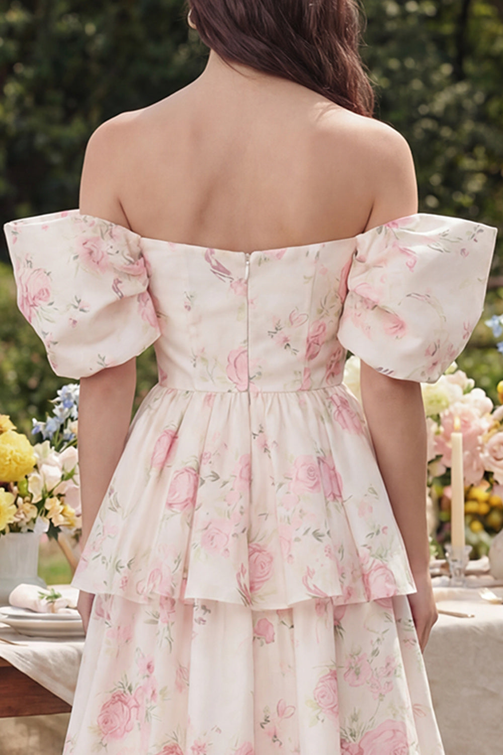 Ruffled White Pink Flower Off the Shoulder Midi Wedding Guest Dress