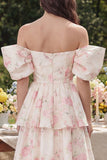 Ruffled White Pink Flower Off the Shoulder Midi Wedding Guest Dress