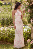 White Pink Flower Halter Mermaid Long Wedding Guest Dress