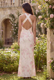 White Pink Flower Halter Mermaid Long Wedding Guest Dress