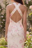 White Pink Flower Halter Mermaid Long Wedding Guest Dress