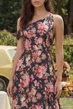 One Shoulder Black Pink Flower A Line Long Wedding Guest Dress