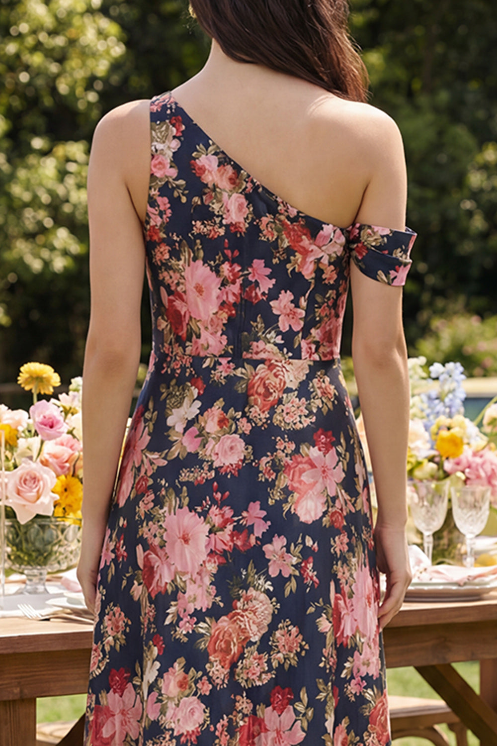Zapakasa Women Black Pink Floral Long Wedding Guest Dress One Shoulder