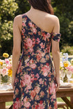 One Shoulder Black Pink Flower A Line Long Wedding Guest Dress
