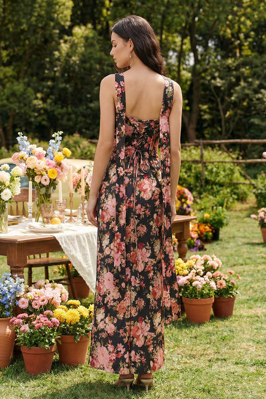 Black Pink Flower Sheath Basque Waist Corset Maxi Wedding Guest Dress