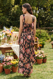Black Pink Flower Sheath Basque Waist Corset Maxi Wedding Guest Dress