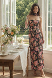 Black Pink Flower Sheath Basque Waist Corset Maxi Wedding Guest Dress