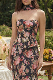 Black Pink Flower Sheath Basque Waist Corset Maxi Wedding Guest Dress