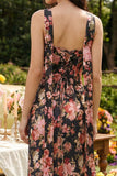 Black Pink Flower Sheath Basque Waist Corset Maxi Wedding Guest Dress