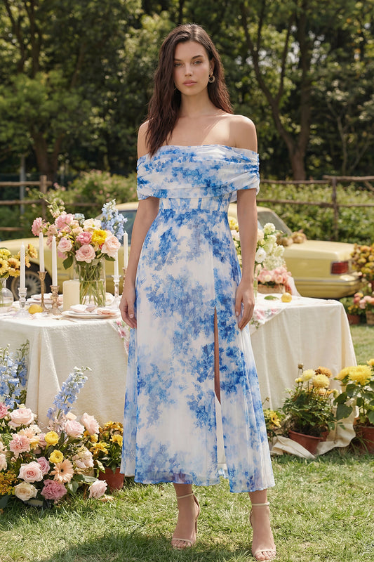 Corset White Blue Flower A Line Off the Shoulder Maxi Wedding Guest Dress with Slit