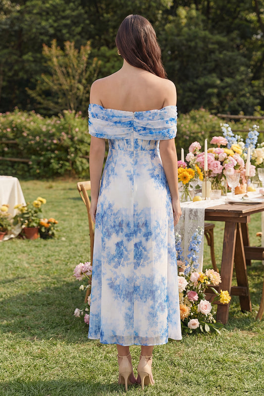 Corset White Blue Flower A Line Off the Shoulder Maxi Wedding Guest Dress with Slit