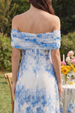 Corset White Blue Flower A Line Off the Shoulder Maxi Wedding Guest Dress with Slit