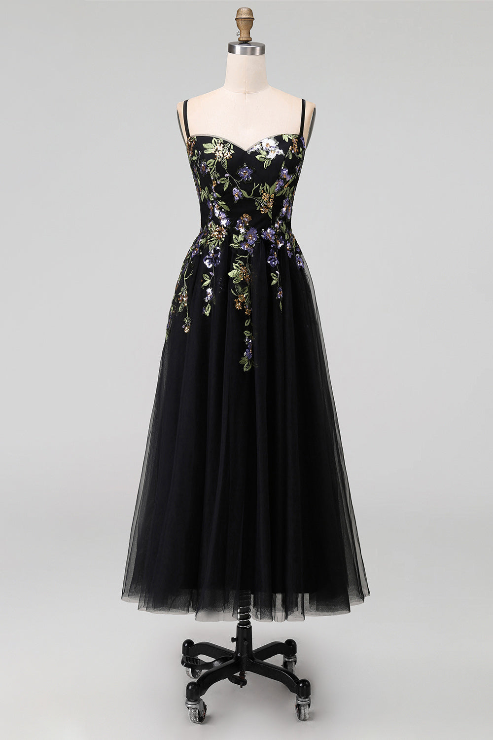 Black Spaghetti Straps Tulle A Line Maxi Wedding Guest Dress with Appliques